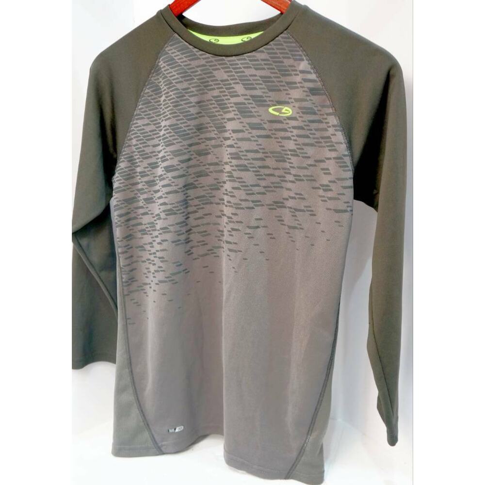 Champion C9 Duo Dry Boys T-Shirt Gray Green Geometric Raglan Long Sleeve Crew L